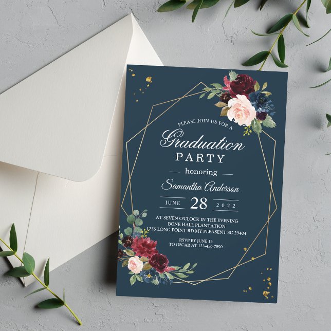 Rustic Burgundy Navy Blue & Red Gold Flowers Frame Invitation (Creator Uploaded)
