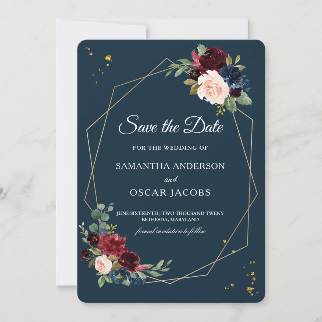 Rustic Burgundy Navy Blue & Red Gold Flowers Frame Save The Date (Front)