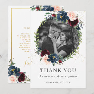 Rustic Burgundy Navy Blush Floral Wedding Photo Thank You Card