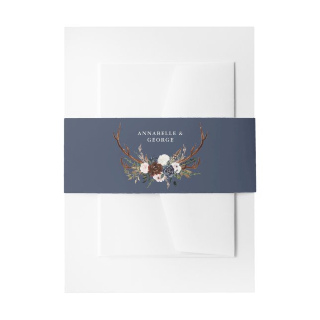 Rustic burgundy navy floral botanical wedding invitation belly band (Front Example)