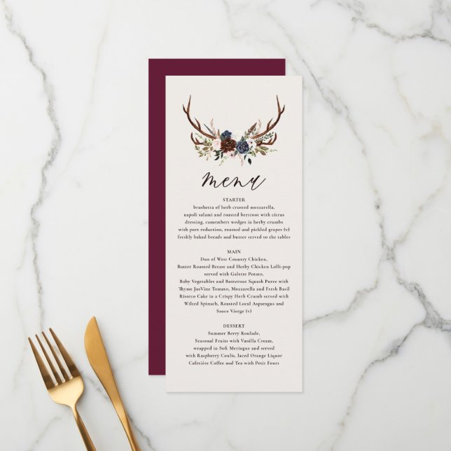 Rustic burgundy navy floral botanical wedding menu (Front/Back In Situ)