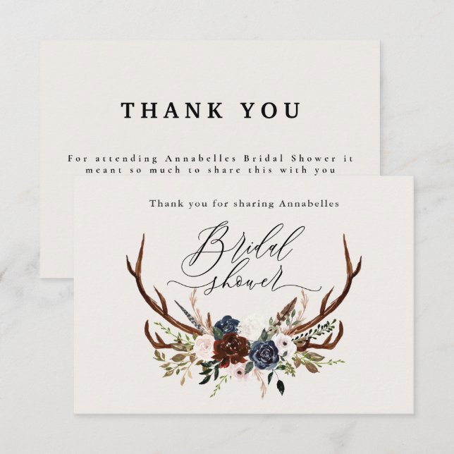 Rustic burgundy navy floral bridal shower thank  enclosure card (Front/Back)