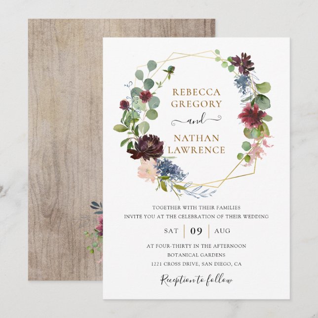 Rustic Burgundy Navy Floral Geometric Wedding Invitation (Front/Back)