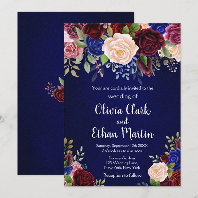 Rustic Burgundy Navy Floral Invitation (Front/Back)