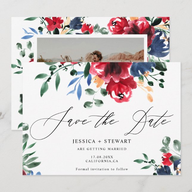 Rustic burgundy navy floral wedding save the date (Front/Back)