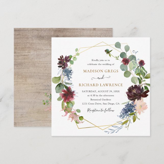 Rustic Burgundy Navy Florals Wedding Invitation (Front/Back)