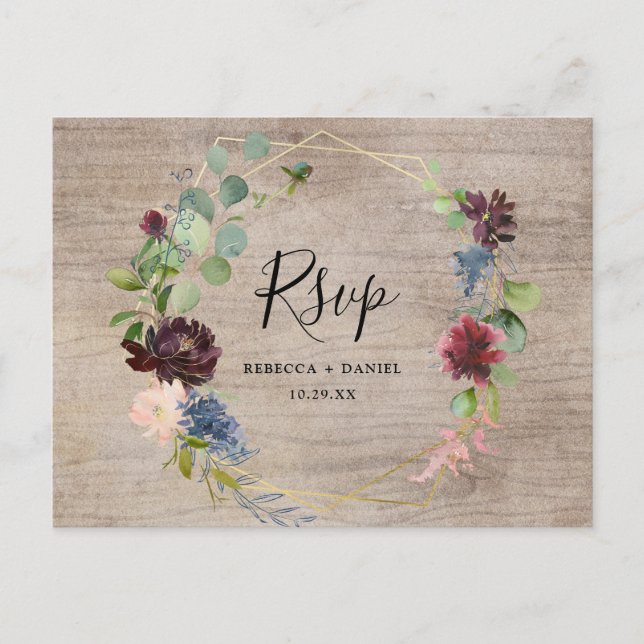 Rustic Burgundy Navy Florals with Greenery Rsvp Postcard (Front)