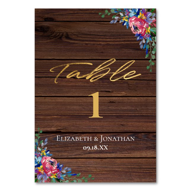 Rustic Burgundy Navy Gold Floral Reception Table Number (Front)
