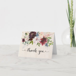 Rustic Burgundy Navy Watercolor Floral Thank You Card