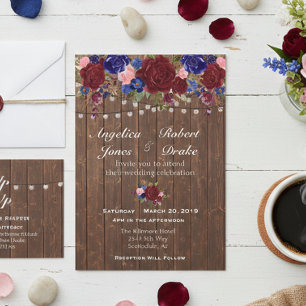 Rustic Burgundy Navy Watercolor Wood Rose Wedding Invitation