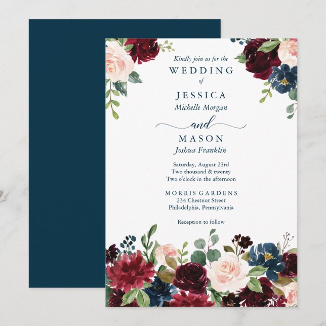 Rustic Burgundy Navy Wedding Invitation (Front/Back)