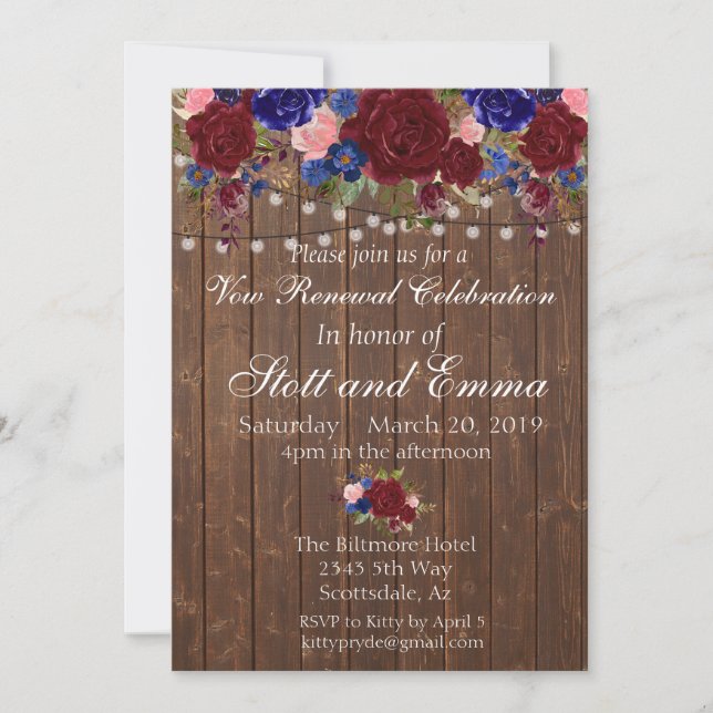 Rustic Burgundy Navy Wood Vow Renewal Flower Invitation (Front)