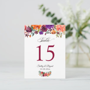 Rustic Burgundy Orange Floral Wedding Table Number Postcard