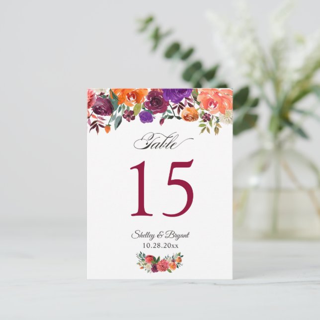 Rustic Burgundy Orange Floral Wedding Table Number Postcard (Standing Front)