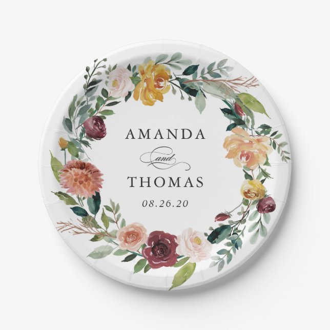Rustic Burgundy Orange Floral Wreath Wedding Paper Plate (Front)