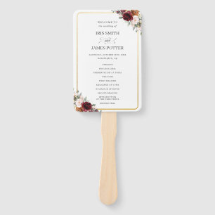 Rustic Burgundy Orange Pink Floral Wedding Program Hand Fan