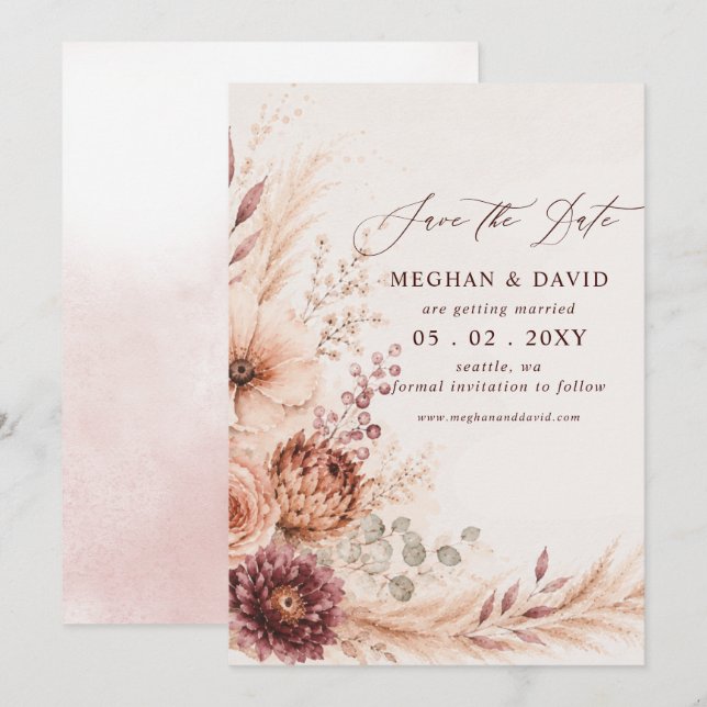 Rustic Burgundy Pampas Floral Fall Wedding Save The Date (Front/Back)