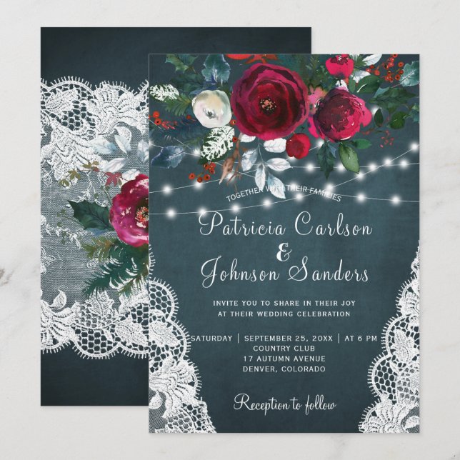 Rustic burgundy peonies winter lights lace wedding invitation (Front/Back)