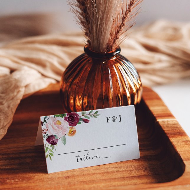 Rustic Burgundy Pink Fall Floral Monogram Wedding Place Card (Creator Uploaded)