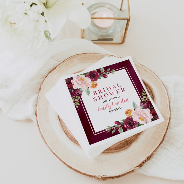 Rustic Burgundy Pink Floral Wedding Bridal Shower Napkin (Creator Uploaded)
