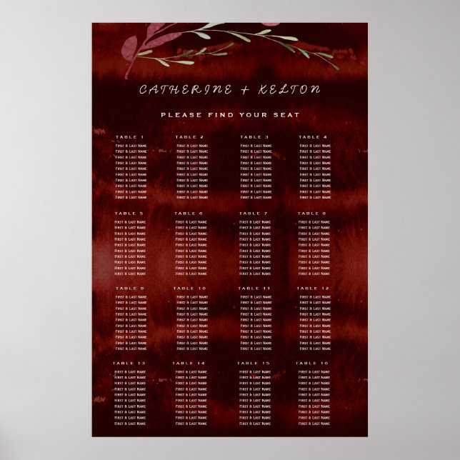 Rustic Burgundy Pink Floral Wedding Seating Chart (Front)