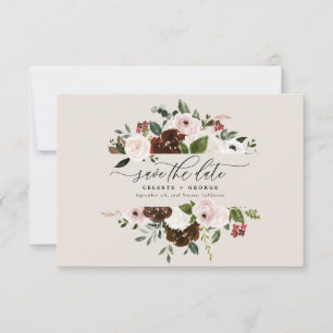 Rustic burgundy, pink, green floral wedding save the date