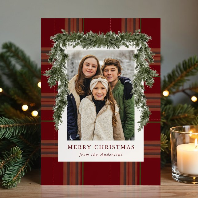 Rustic Burgundy Plaid Greenery Christmas Photo Holiday Card (Creator Uploaded)