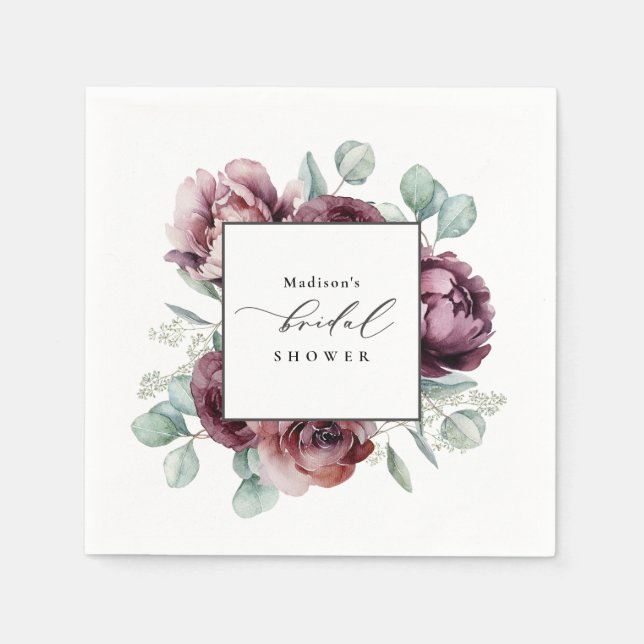 Rustic Burgundy Plum Floral Bridal Shower Napkin (Front)