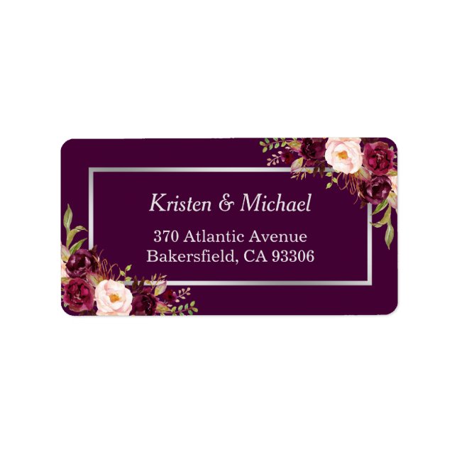 Rustic  Burgundy Plum Purple Floral Silver Grey Label (Front)