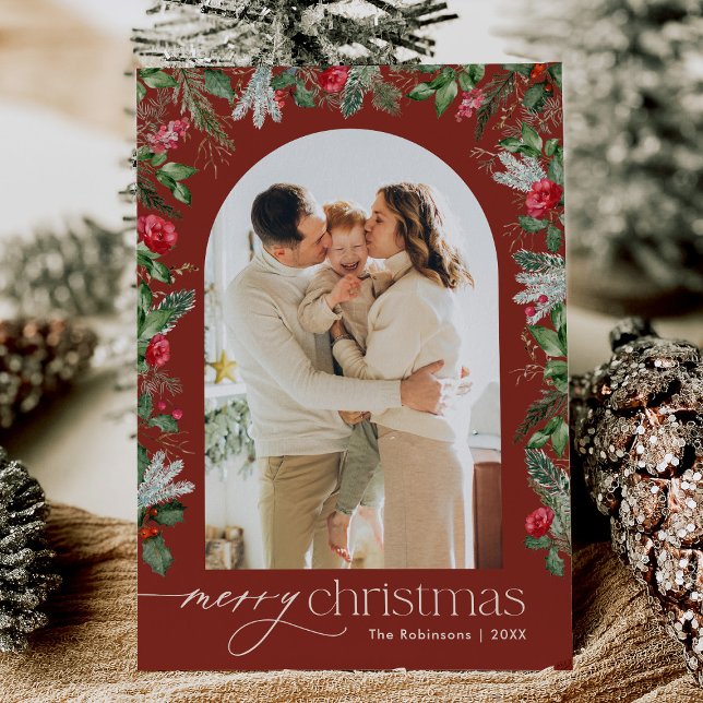 Rustic Burgundy Red 1 Photo Arch Merry Christmas Holiday Card (Creator Uploaded)
