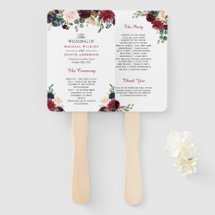 Rustic Burgundy Red Blue Floral Wedding Program Hand Fan