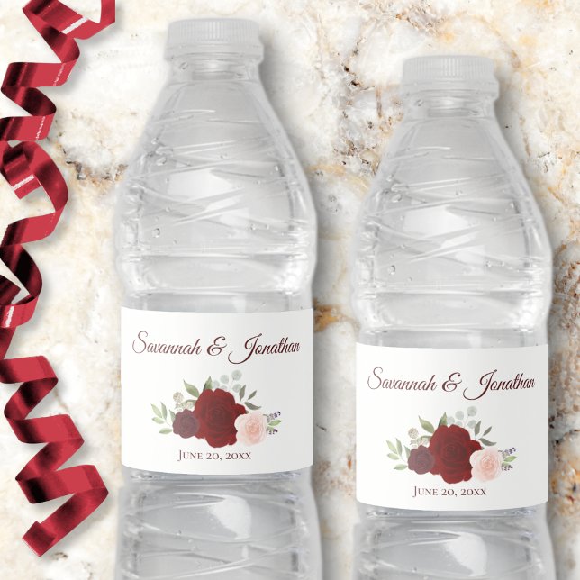 Rustic Burgundy Red & Blush Pink Roses Wedding Water Bottle Label (Creator Uploaded)