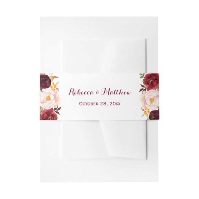 Rustic Burgundy Red Botanical Floral Wedding Invitation Belly Band (Front Example)