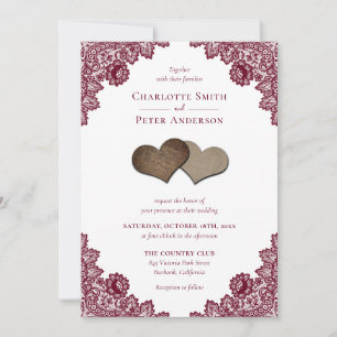Rustic Burgundy Red Burlap and Lace Wedding Invitation