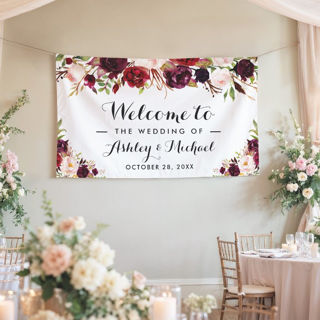 Rustic Burgundy Red Chic Floral Wedding Party Banner (Creator Uploaded)
