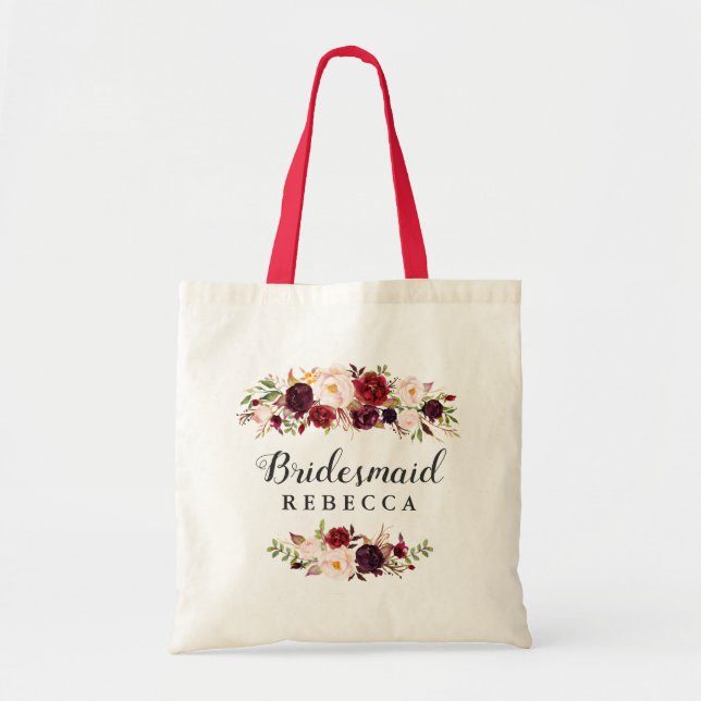 Rustic Burgundy Red Floral Bridesmaid Favour Tote Bag (Front)
