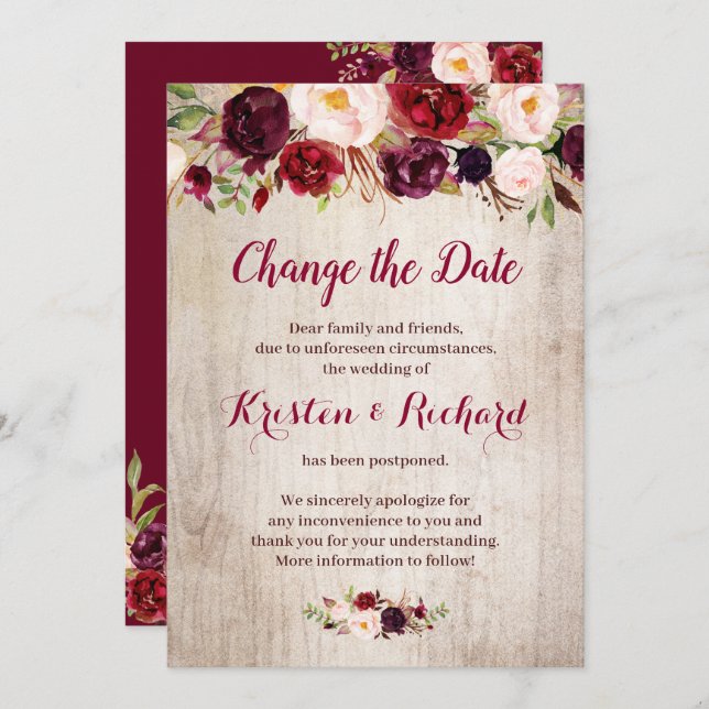 Rustic Burgundy Red Floral Change the Date Card (Front/Back)