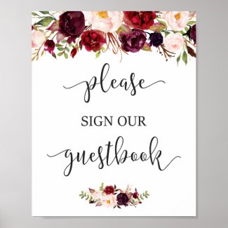 Rustic Burgundy Red Floral Guestbook Wedding Sign