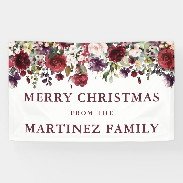 Rustic Burgundy Red Floral Merry Cristmas Banner (Horizontal)