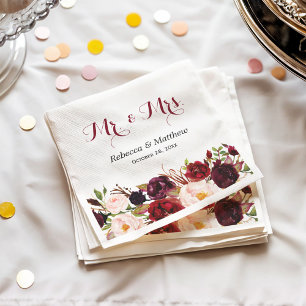 Rustic Burgundy Red Floral Mr and Mrs Wedding Napkin