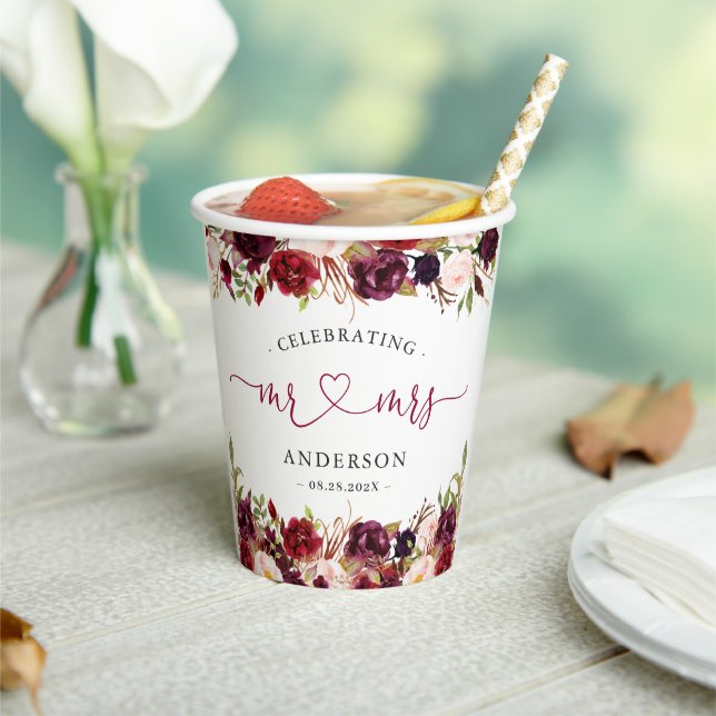 Rustic Burgundy Red Floral Mr Mrs Script Wedding Paper Cups (Insitu)