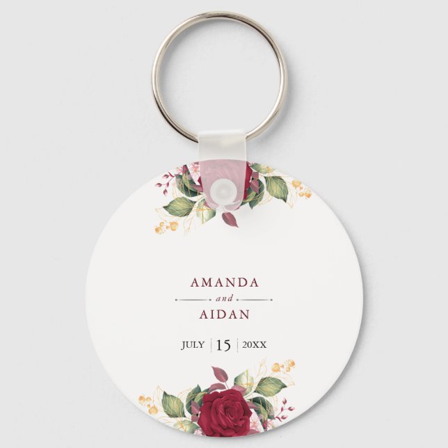Rustic Burgundy Red Floral Romantic Wedding Keychain (Front)