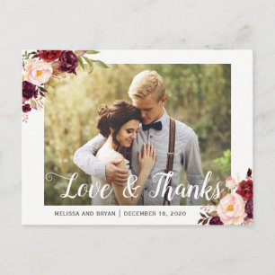 Rustic Burgundy Red Floral Wedding Photo Thank You Postcard