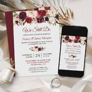 Rustic Burgundy Red Floral Wedding Vow Renewal Invitation