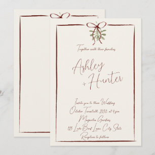 Rustic Burgundy Red Hand Drawn Bow Winter Wedding Invitation