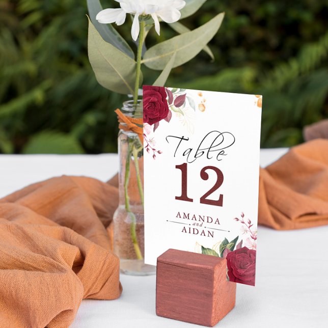 Rustic Burgundy Red Rose Floral Wedd  Table Number (Creator Uploaded)