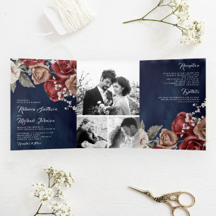 Rustic Burgundy Red Roses Navy Blue Photo Wedding Tri-Fold Invitation