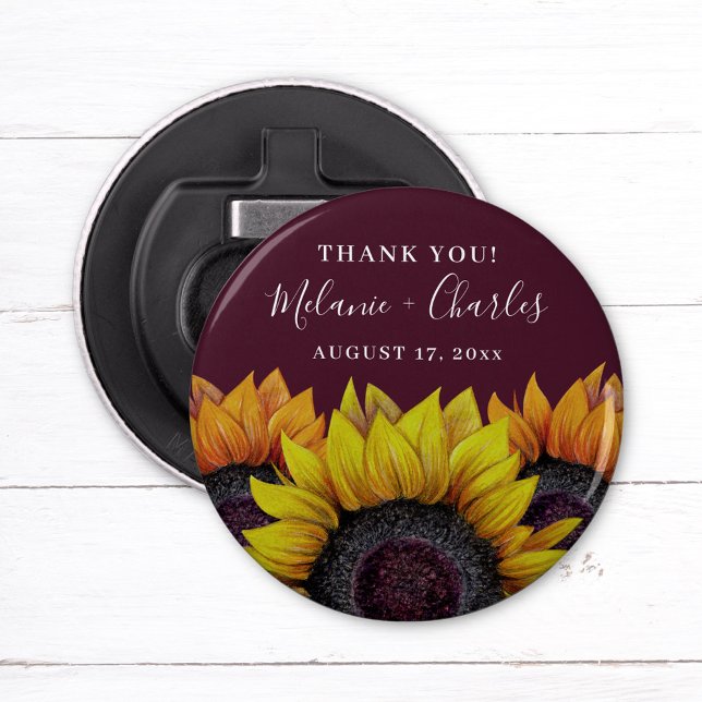 Rustic Burgundy Red Sunflower Couple Names Bottle Opener (Creator Uploaded)