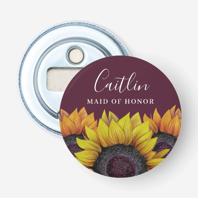 Rustic Burgundy Red Sunflower Maid of Honour Name Bottle Opener (Front)