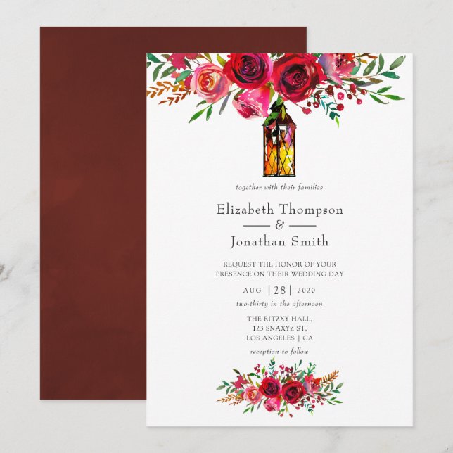 Rustic Burgundy Red Watercolor Floral Wedding Invitation (Front/Back)